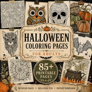 May include: A collection of Halloween coloring pages for adults featuring intricate illustrations of an owl, a skull, pumpkins, a cat, a bat, a spider web, and a cauldron with ghosts. The central text reads HALLOWEEN COLORING PAGES FOR ADULTS.