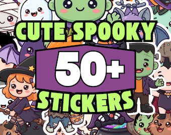 Cute Halloween Sticker Bundle, 50 Plus Kawaii Spooky Characters, Printable Craft Graphics