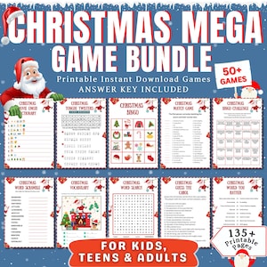 Op de afbeelding: Een Christmas Mega Game Bundle met meer dan 50 spellen en meer dan 135 afdrukbare pagina's. Bevat verschillende kerstspellen zoals bingo, woordzoekers en trivia, geschikt voor kinderen, tieners en volwassenen. Antwoordsleutel inbegrepen.