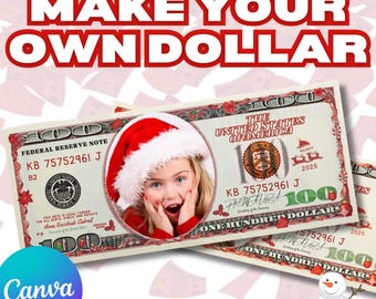 Dollar Bill Template - Christmas, Editable in Canva, Add Photo, Two-Sided Prop Money, Digital Download.