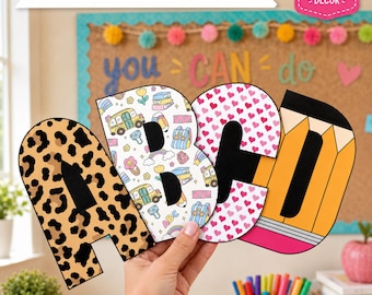 Printable Bulletin Board Alphabet A-Z, 4 Classroom Letter Sets, Leopard Heart Pencil School Doodle Back to School Decor