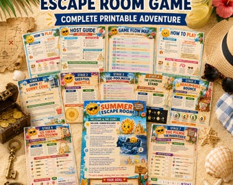 Summer Escape Room Printable for Kids, 12 Puzzle Beach Adventure Game, Ages 6-12, Family Party Classroom PDF