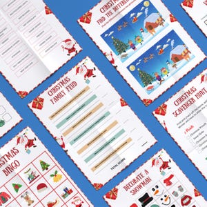 May include: A collection of Christmas-themed printable game sheets on a blue background. Games include Christmas Bingo, Family Feud, a scavenger hunt, and a snowman decorating activity. Festive designs with Santa Claus and gift box borders.