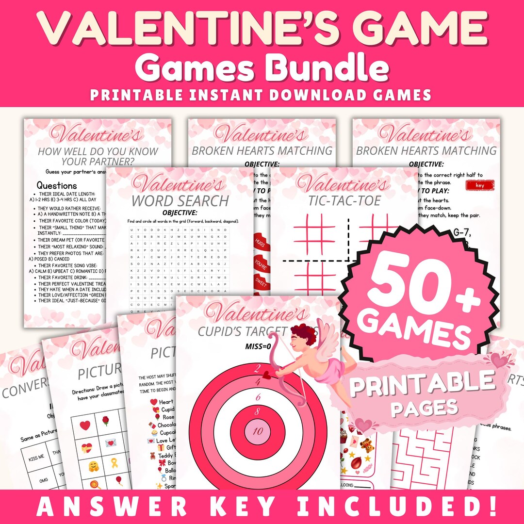 Valentines Day Printable Games Bundle, 50+ Party Games for Kids, Adults ...