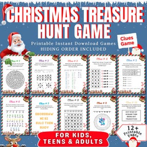 May include: A printable Christmas Treasure Hunt Game with 12+ pages. The game includes clues for kids, teens, and adults. The design features Santa Claus, reindeer, and festive graphics. The text includes "Christmas Treasure Hunt Game" and "Printable Instant Download Games".
