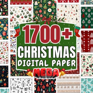 Puede incluir: Una colección de papeles digitales con temática navideña, con varios patrones, incluyendo adornos, árboles y copos de nieve. La imagen presenta el texto "1700+ CHRISTMAS DIGITAL PAPER MEGA" en rojo y blanco, con decoraciones festivas.