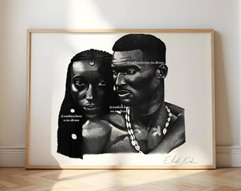 African Couple Portrait Print, Black and White Pencil Sketch Art Easter Print Living Room Office Decor Gift