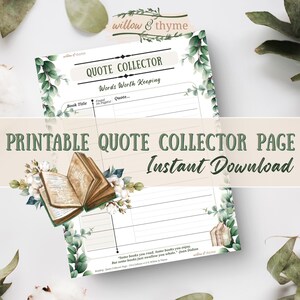 Printable Quote Collector Page | Reading Journal PDF | Book Tracker | Book Quotes for Book Lovers | Botanical | Willow & Thyme
