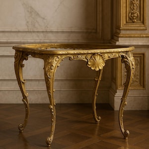 Può includere: Un tavolino dorato e ornato con piano in vetro. Il tavolo presenta gambe curve e intagli intricati, tra cui un dettaglio a forma di conchiglia sul grembiule. Il tavolo misura circa 61 cm di diametro e 71 cm di altezza.