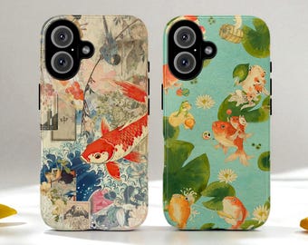 Japanese Goldfish Collage Tough MagSafe Phone Case, Retro Koi Fish Cover, iPhone 17
