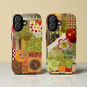 May include: Two phone cases with a patchwork design. One case features a piano keyboard, apples, and a sun graphic. The other case has a red apple, flowers, and buttons. The cases have a mix of colours and textures.