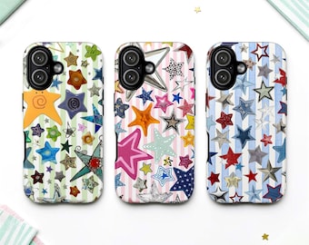 Whimsical Striped Star Collage Tough MagSafe Phone Case, y2k Rainbow Cover, iPhone 17