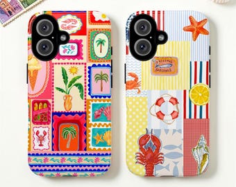 Retro Summer Stamp Collage MagSafe Tough Phone Case, Kawaii Coastal Girl Cover, iPhone 17