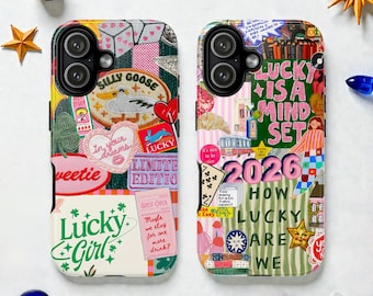 Może przedstawiać: Dwa etui na telefon z kolorowymi wzorami kolaży. Jedno etui przedstawia gęś, tekst "Silly Goose" i "Lucky Girl". Drugie etui ma tekst "Lucky is a Mind Set" i "2026". Oba etui mają różnorodne obrazy i tekst.