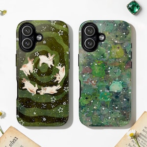 Grönt, fantasifullt kanin-skal med MagSafe-motiv, kawaii groda, stjärnklar nattkonst, iPhone 18