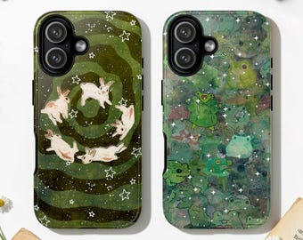 Green Whimsical Bunny Tough MagSafe Phone Case, Kawaii Frog, Starry Night Art, iPhone 17