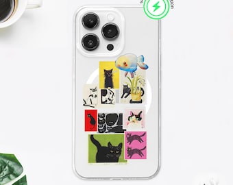 Vintage Cat Stamp Receipt MagSafe Phone Case, Retro Black Cat Cover, iPhone 17