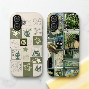 May include: Two phone cases featuring anime-style illustrations. One case has a beige and olive green color scheme with various character graphics and shapes. The other case has a collage of anime characters and scenes.