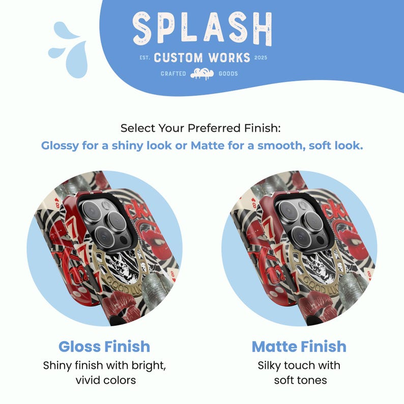 May include: Image showcasing two phone cases with a racing-themed design. The cases feature a red, white, and black color scheme with the text "77" and "GOOD LUCK". The image highlights the difference between a glossy and matte finish.