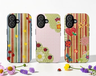 Green Whimsical Ladybug Collage Tough MagSafe Phone Case: Floral Star Cover, iPhone 17
