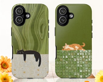 Kawaii Green Cat Art Tough MagSafe Phone Case, Preppy Cat Lover Gift, iPhone 17