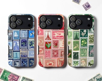 Funda MagSafe resistente con collage de sellos retro, funda postal vintage para iPhone 17