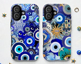 Blue Evil Eye Collage Tough MagSafe Phone Case, Retro Greek Nazar Cover, iPhone 17