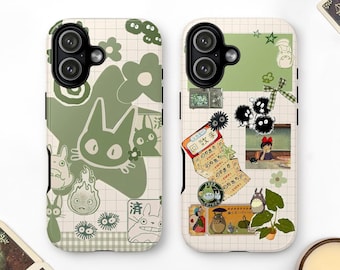 Green Manga Collage Moodboard Tough MagSafe Phone Case, Japanese Anime Cat Cover, iPhone 17