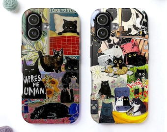 Coque de portable robuste MagSafe avec collage de chats noirs, housse pour maman chat kawaii