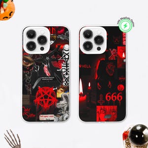 May include: Two phone cases with a black and red collage design. One case features a pentagram, text that reads "Child of Satan", and other gothic imagery. The other case has the number "666" and the word "HELL".