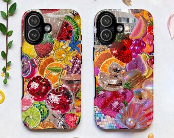 Kawaii Fruit Mosaic Collage Tough MagSafe Phone Case: Pink Disco Ball iPhone Cover
