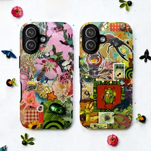 May include: Two phone cases with colorful collage designs. One case features pink flowers, bees, and a green beetle. The other case has a variety of beetles, Japanese text, and a green and red square. Decorative floral accents surround the cases.