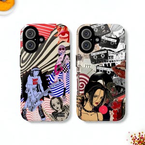 May include: Two phone cases with colorful collage designs. One case features a woman playing a guitar, the other has a woman with a microphone. Both cases have a black camera lens cutout.