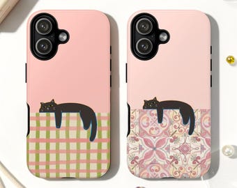 Lazy Black Cat MagSafe Tough Phone Case, Pink Kawaii Kitten Cover, iPhone 17, Samsung