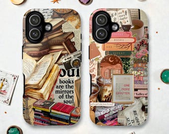 Vintage Bookish Moodboard Tough MagSafe Phone Case, Newspaper Scrapbook, Booktok, iPhone 17