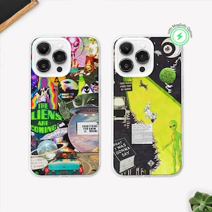 May include: Two phone cases with alien-themed designs. One case features a collage with text that reads "THE LIENS ARE COMING" and "EVERYTHING YOU KNOW IS WRONG." The other case has a green alien and the text "TEEN TAKEN FROM TENT BY ALIENS."