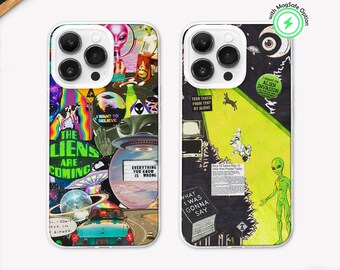 Green Alien Moodboard MagSafe Phone Case: Psychedelic UFO Art, iPhone & Samsung Area 51 Gift