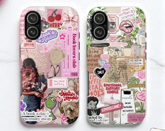 May include: Two phone cases with a collage design. One case features pink and white elements with text like "Book Addict" and "Book Lovers Club." The other case has green and white elements with text like "Smut" and "Lovers Lane."