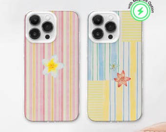 Summer Hibiscus Striped MagSafe Phone Case: Dolce Vita Coastal Cover iPhone 16, Samsung S25
