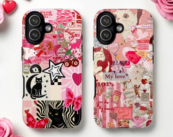 Pink Coquette Moodboard Tough MagSafe Phone Case, Cat Mom Collage, iPhone 17 16, Samsung