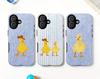 Blue Striped Denim Duck Tough MagSafe Phone Case, Kawaii Duckling Cover, iPhone 17, Samsung