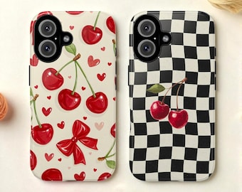 Preppy Cherry Tough MagSafe Phone Case, Coquette Red Bows, iPhone 17 & Samsung