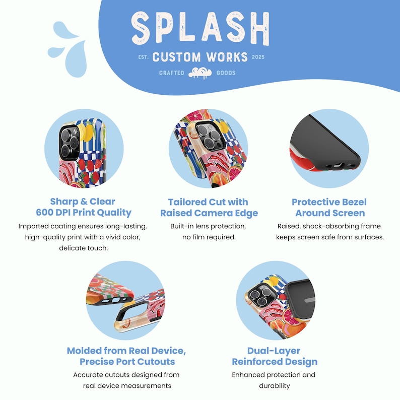May include: A promotional image for phone cases. The cases feature colorful, patterned designs with a tailored cut, raised camera edge, and protective bezel. The cases are molded from real devices with precise port cutouts and a dual-layer reinforced design. The text "SPLASH" and "CUSTOM WORKS" are at the top.