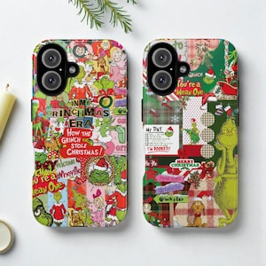 May include: Two phone cases with a patchwork design featuring the Grinch. One case has text that reads "IN MY GRINCHMAS ERA" and "How the Grinch Stole Christmas!". The other case has "You're a Mean One" and "Merry Christmas" text.
