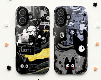 Funda MagSafe resistente para iPhone 17 con collage de gato estilo anime oscuro, inspirada en el meme de Van Gogh.
