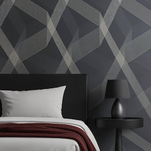 Black Geometric Vinyl Wallpaper – Modern Accent Wall Covering for Living Room or Bedroom | Textured Luxury Wall Decor (Non-Peel & Stick)
