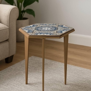 Hexagon Porcelain Tile Side Table: Boho Mediterranean Accent Table