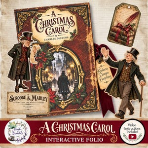May include: A Christmas Carol interactive folio kit featuring a book cover with a Victorian street scene, two die-cut figures of a man in a top hat, a tag with a quill and books, and a sign reading Scrooge & Marley Accountants.