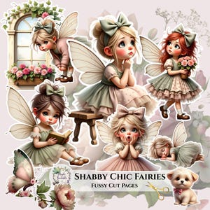 Peut inclure: Plusieurs pages de découpe minutieuse de fées Shabby Chic. L'image présente diverses illustrations de fées avec des ailes délicates, vêtues de robes aux couleurs pastel douces. Certaines fées tiennent des fleurs ou des livres, et l'une dort. Un papillon et un petit chien sont également inclus.
