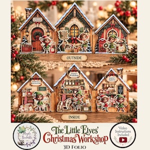 Może przedstawiać: Trójwymiarowe folio zatytułowane The Little Elves' Christmas Workshop przedstawiające sześć ilustrowanych konstrukcji domków. Górny rząd ukazuje zewnętrzną część warsztatu Świętego Mikołaja, a dolny rząd wnętrze poczty, warsztatu i piekarni.